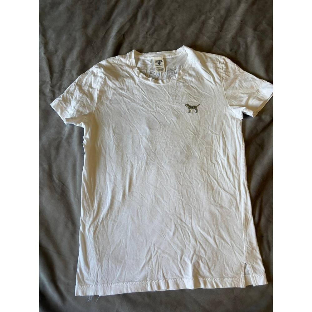 Victoria's Secret PINK White Sequin Logo Graphic T-Shirt Short Sleeve Small